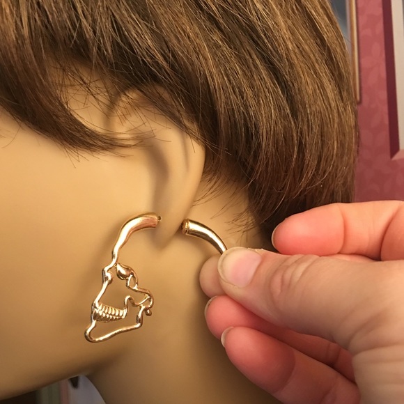 Gold Silouhette Skull Earrings - Picture 4 of 9